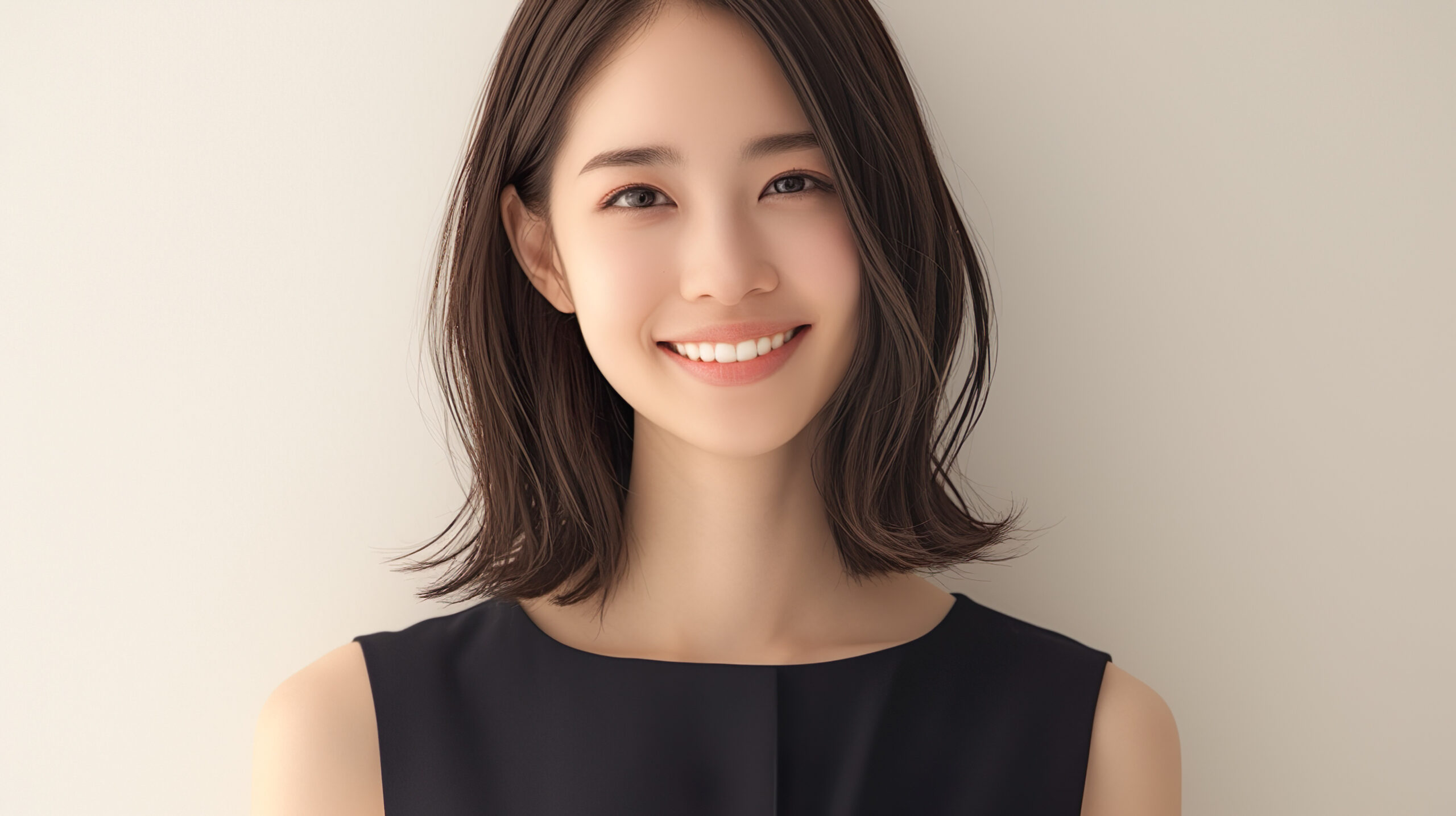 白く整った歯で自然な笑顔を見せる女性