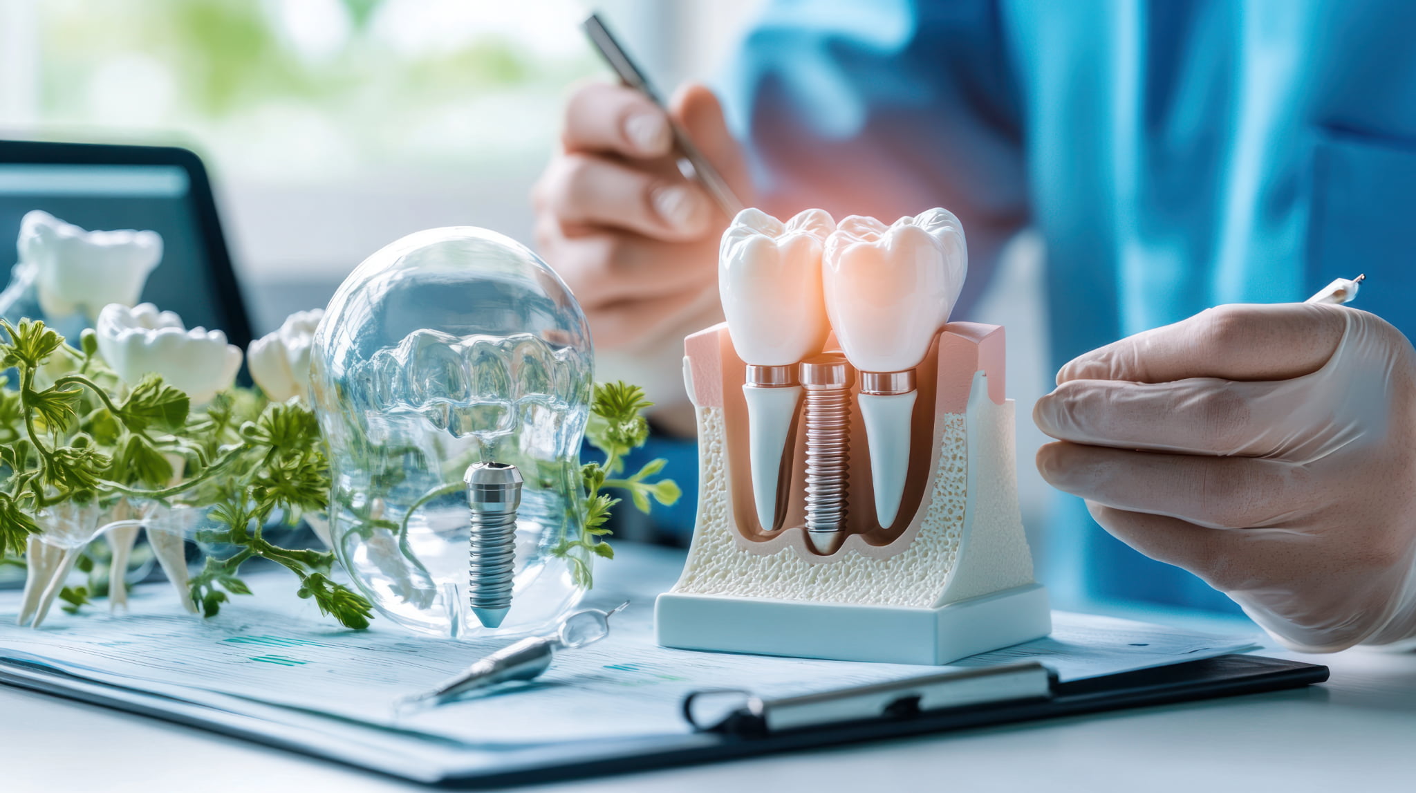 奥歯のインプラント治療について説明する歯科医師