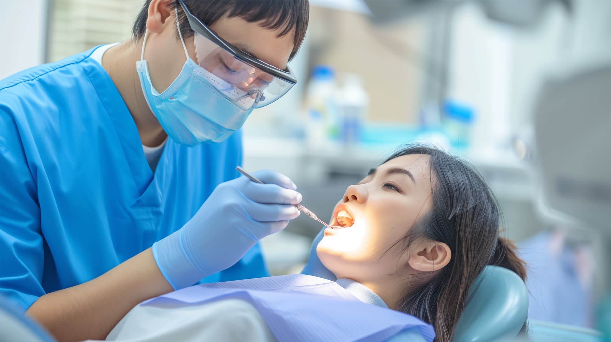 歯科医院で矯正のための診察を受ける女性