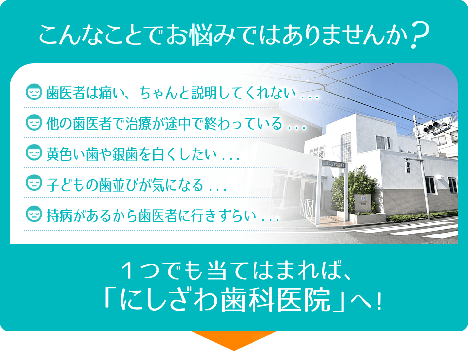 歯医者は痛い、ちゃんと説明してくれない・・・信頼できる歯科医院で治療を受けたい・・・他の歯医者で治療が途中で終わっている・・・黄色い歯や銀歯を白くしたい・・・子どもの歯並びが気になる・・・持病があるから歯医者に行きずらい・・・ひとつでも当てはまれば「にしざわ歯科医院」へ