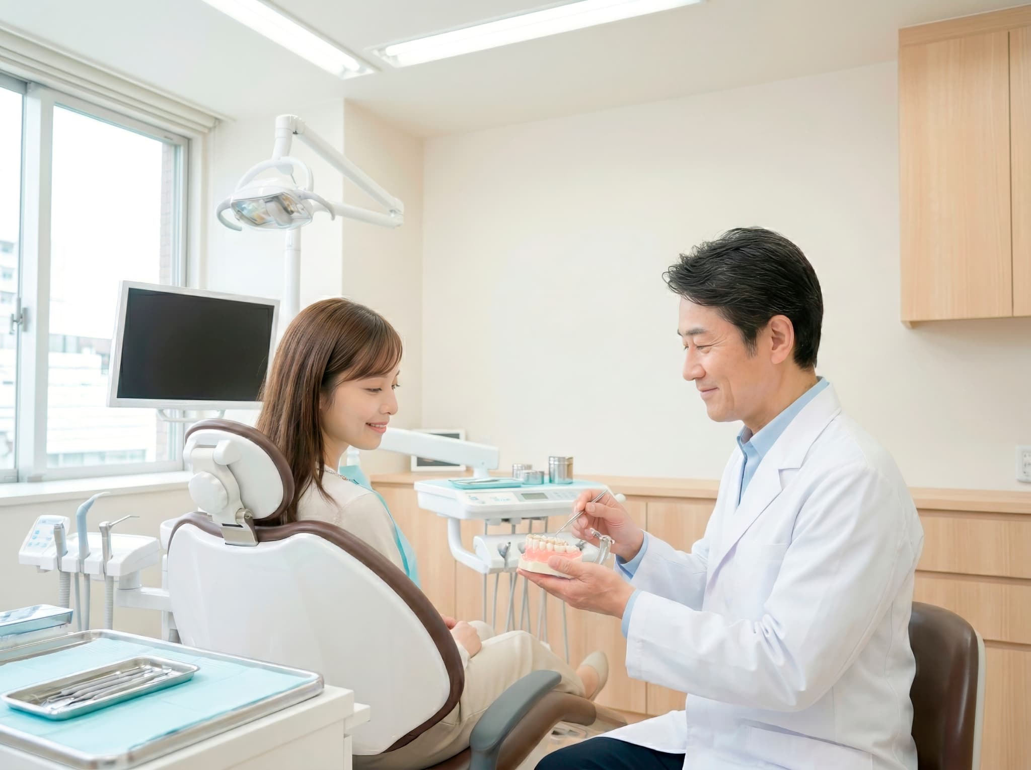 歯科医院で審美歯科の相談をする女性